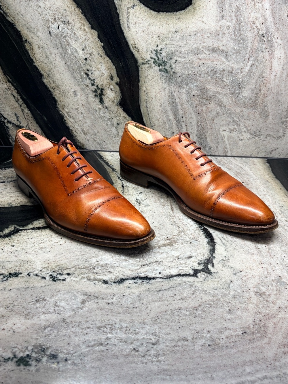 Santoni Fatte a Mano Wholecut Oxford Men’s 10 Cognac Leather Italy UK 9